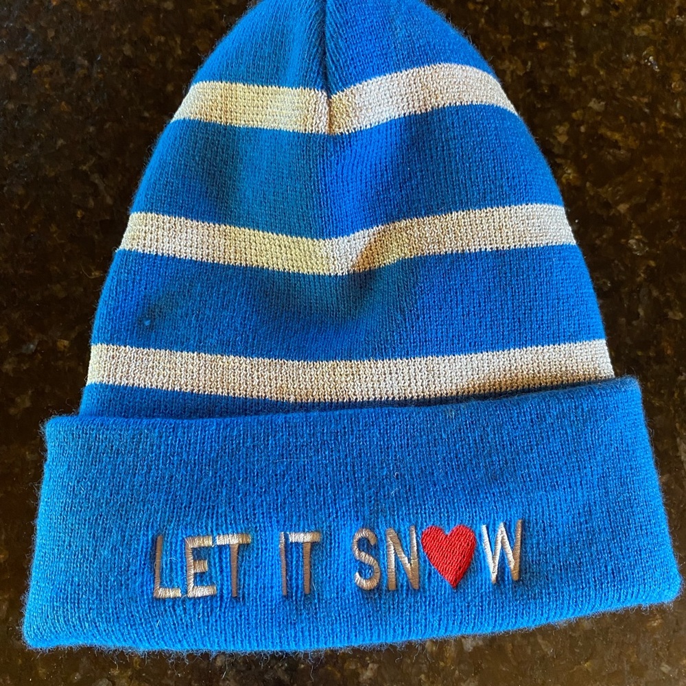 New! Embroidered “let it snow” hat with silver glittery stripes